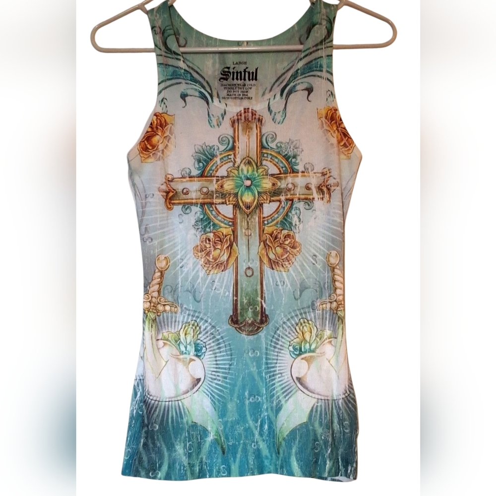 Sinful Tank Top with Ornate Design Size Large NWOT